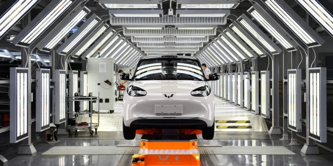 A vehicle inside a factory operated by SAIC-GM-Wuling in Liuzhou, southern Guangxi Zhuang Autonomous Region