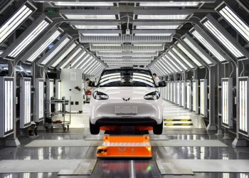 A vehicle inside a factory operated by SAIC-GM-Wuling in Liuzhou, southern Guangxi Zhuang Autonomous Region