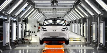 A vehicle inside a factory operated by SAIC-GM-Wuling in Liuzhou, southern Guangxi Zhuang Autonomous Region
